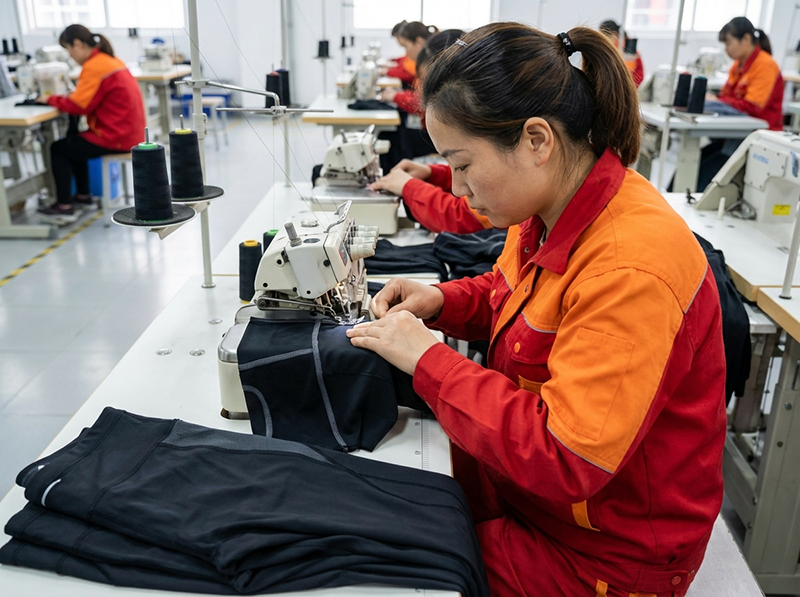 flatlock seam stitching for athletic leggings asian seamstress operating industrial overlock sewing machine creating durable flexible seams on black stretchy yoga pants activewear production