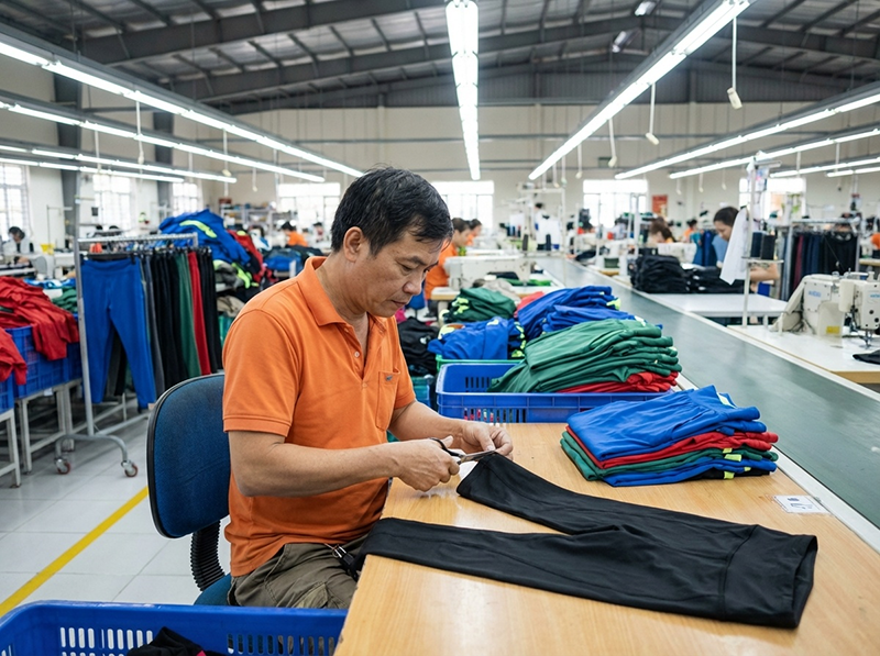garment finishing and quality inspection asian factory worker trimming loose threads performing final quality check on finished black yoga leggings sportswear in clean manufacturing facility