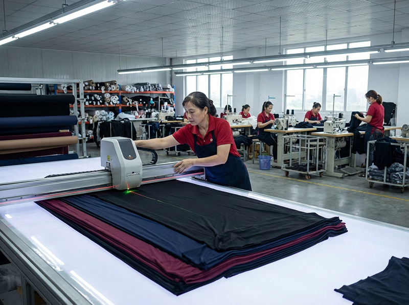 industrial precision fabric cutting process asian garment workers using automated cutting equipment on layered stretchy athletic fabric for activewear leggings yoga pants production line