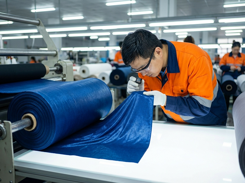 quality control fabric inspection for nylon spandex blend asian factory worker examining stretchy moisture wicking athletic material rolls for yoga wear manufacturing defects